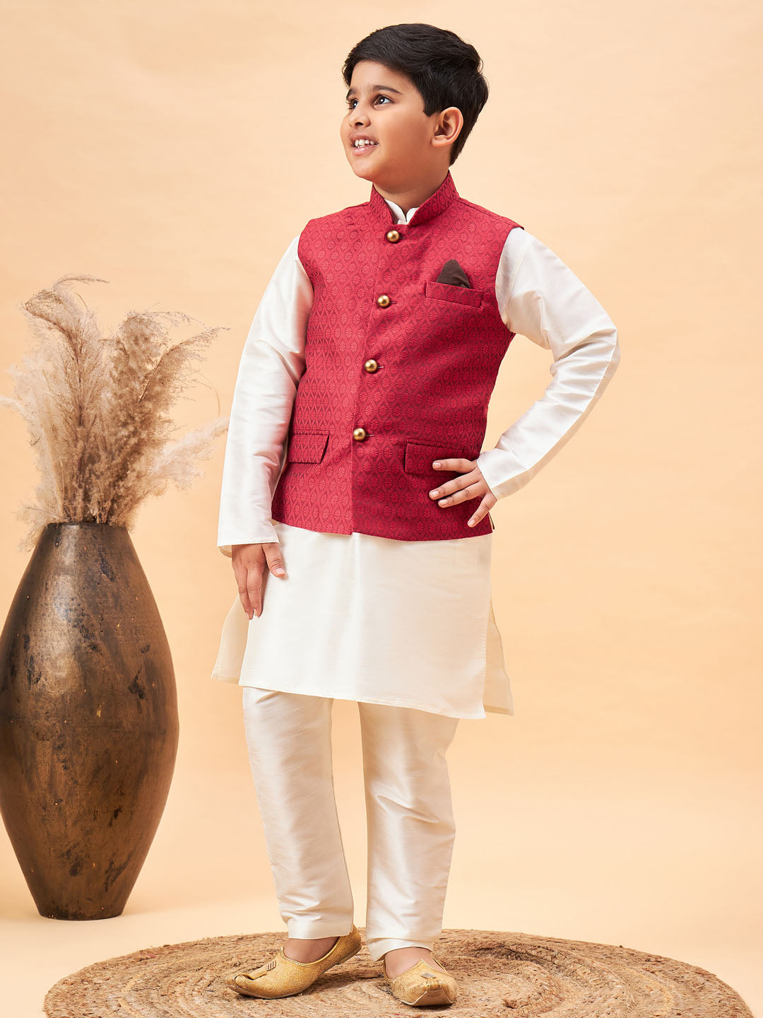 VASTRAMAY Boy's Maroon Nehru Jacket With Cream Kurta And Pyjama Set