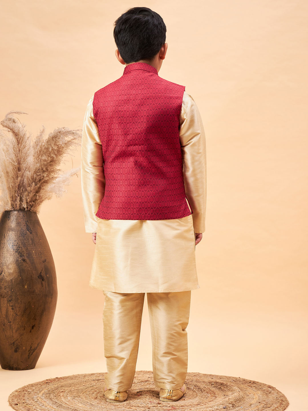 VASTRAMAY Boy's Maroon Woven Jacket With Gold Kurta and Pyjama Set