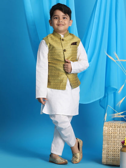 Vastramay boys yellow woven design nehru jacket with white kurta and pyjama set