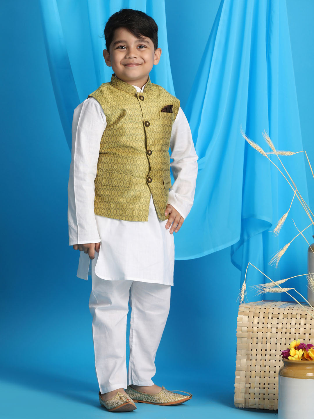 Vastramay boys yellow woven design nehru jacket with white kurta and pyjama set