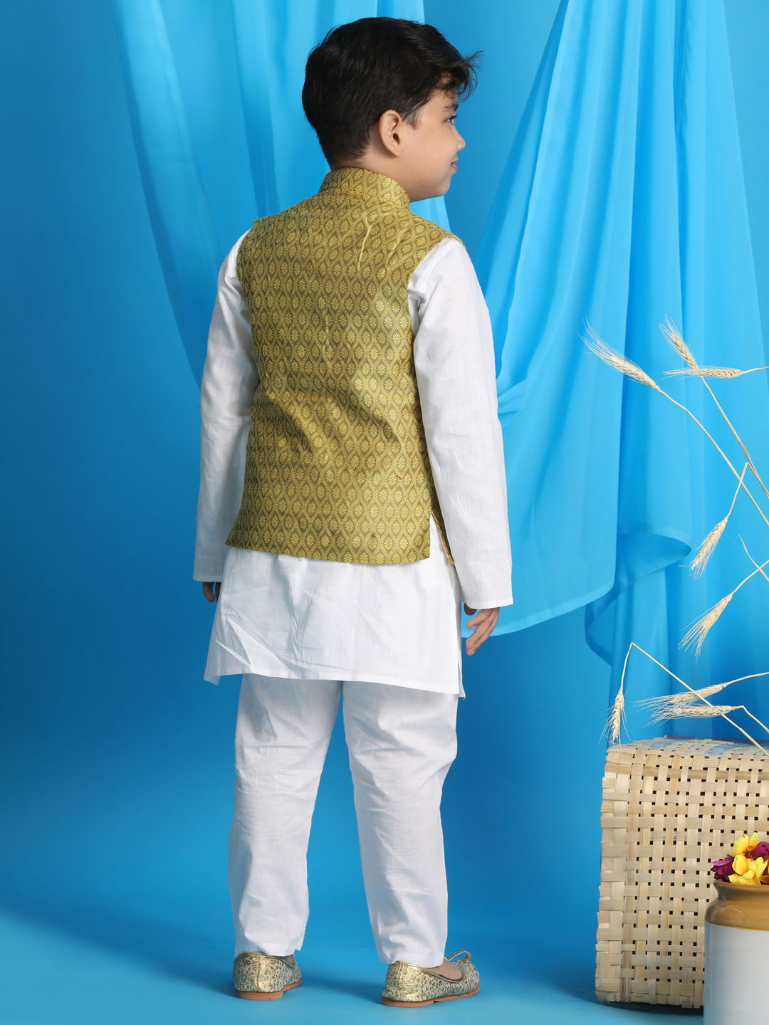 Vastramay boys yellow woven design nehru jacket with white kurta and pyjama set