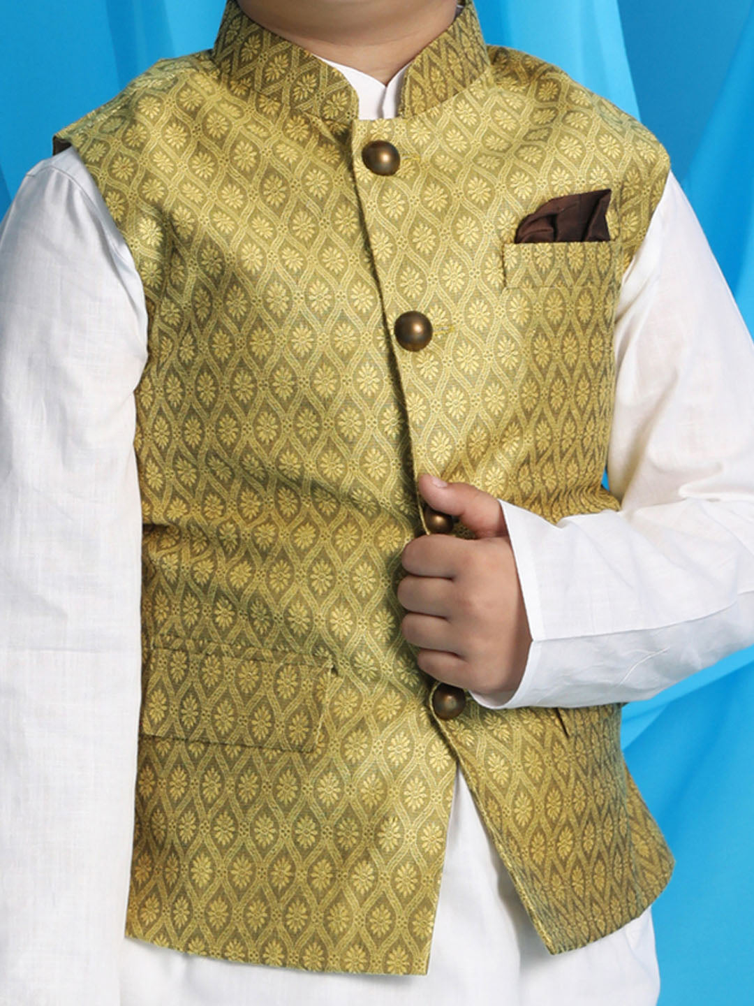 Vastramay boys yellow woven design nehru jacket with white kurta and pyjama set