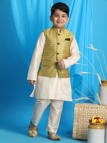 Vastramay boys yellow color woven jacket with cream kurta and pyjama set