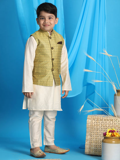 Vastramay boys yellow color woven jacket with cream kurta and pyjama set