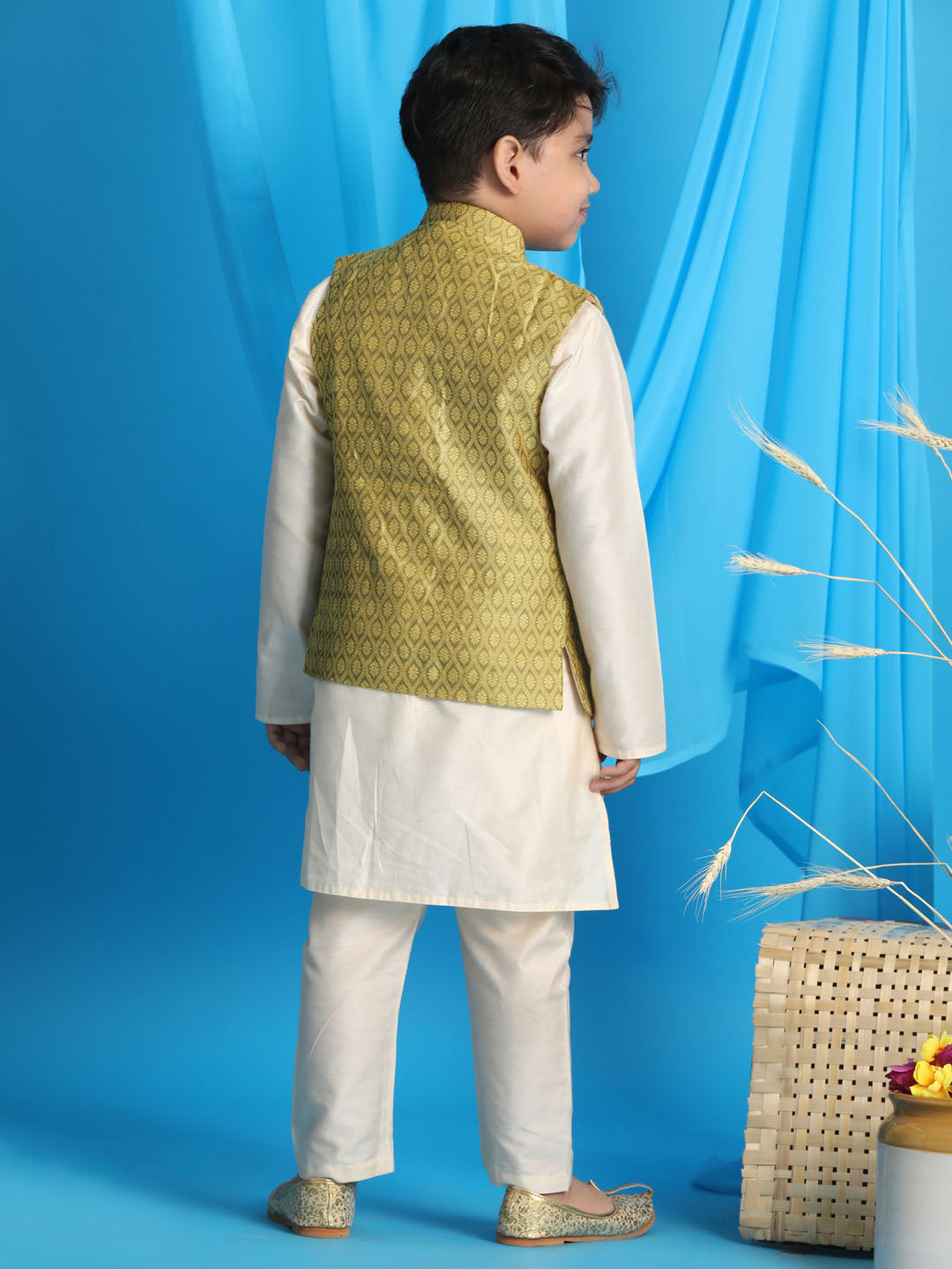 Vastramay boys yellow color woven jacket with cream kurta and pyjama set