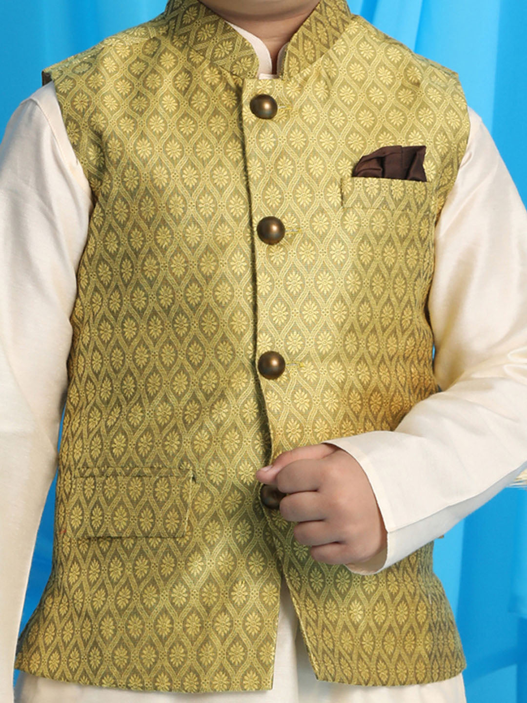 Vastramay boys yellow color woven jacket with cream kurta and pyjama set