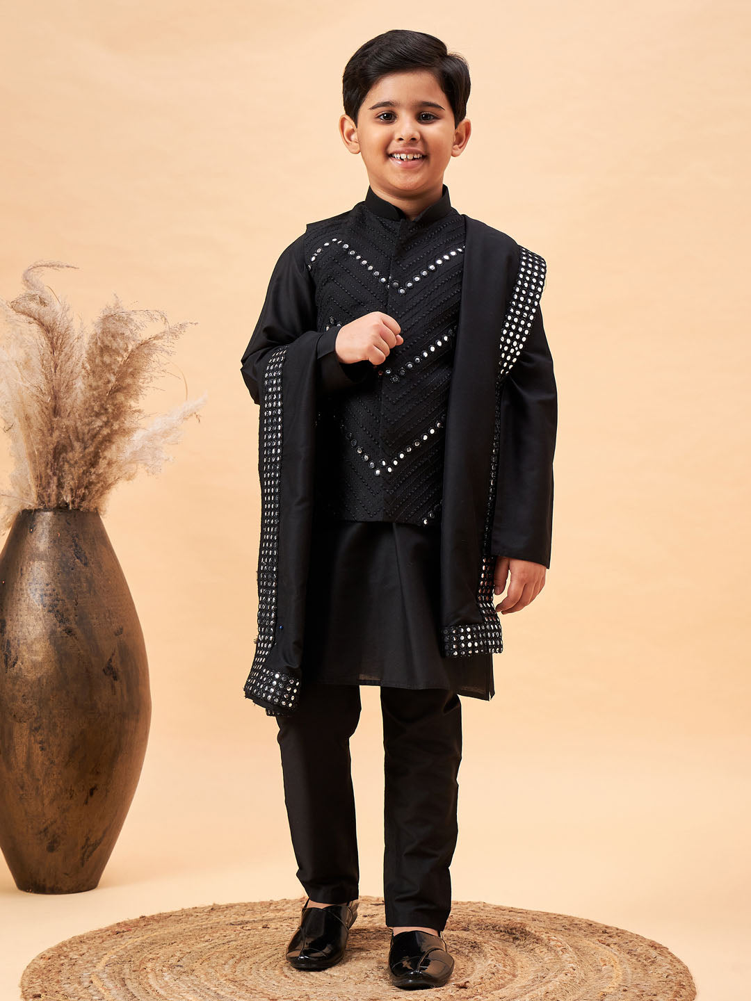 VASTRAMAY Boy's Black Mirror Work Jacket And Solid Kurta Pyjama Set With Black Ethnic Dupatta