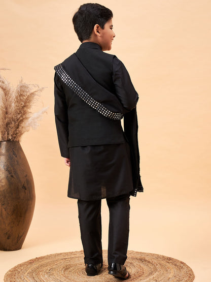 VASTRAMAY Boy's Black Mirror Work Jacket And Solid Kurta Pyjama Set With Black Ethnic Dupatta