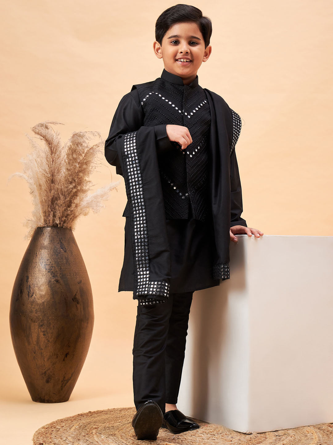 VASTRAMAY Boy's Black Mirror Work Jacket And Solid Kurta Pyjama Set With Black Ethnic Dupatta