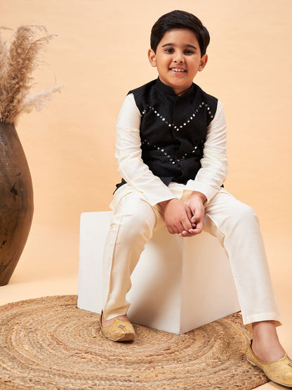 VASTRAMAY Boy's Black Mirror Work Jacket And Solid Kurta Pyjama Set