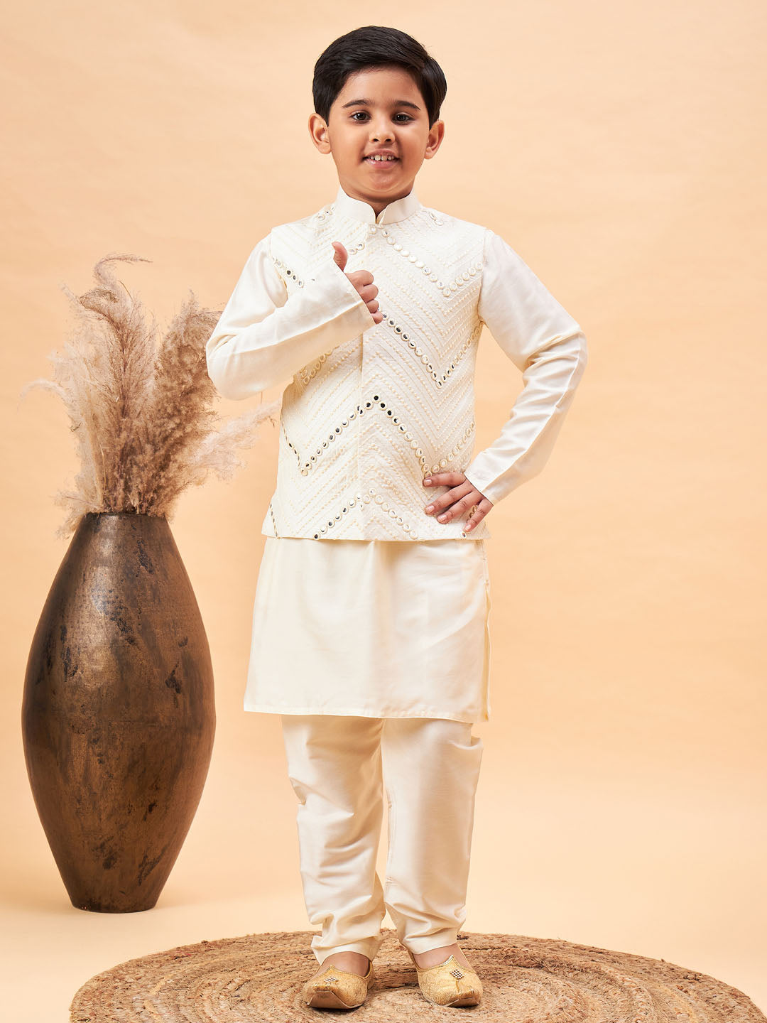 Vastramay boys cream mirror work jacket and solid kurta pyjama set