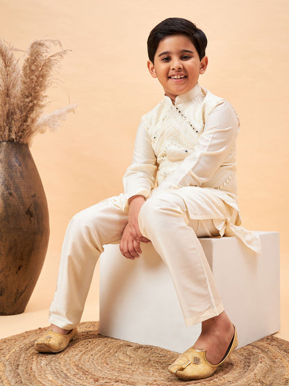 Vastramay boys cream mirror work jacket and solid kurta pyjama set