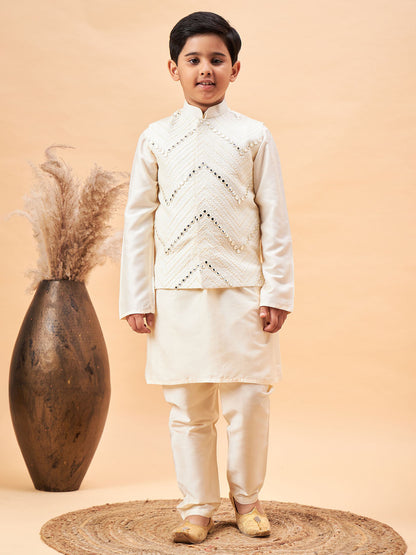 Vastramay boys cream mirror work jacket and solid kurta pyjama set