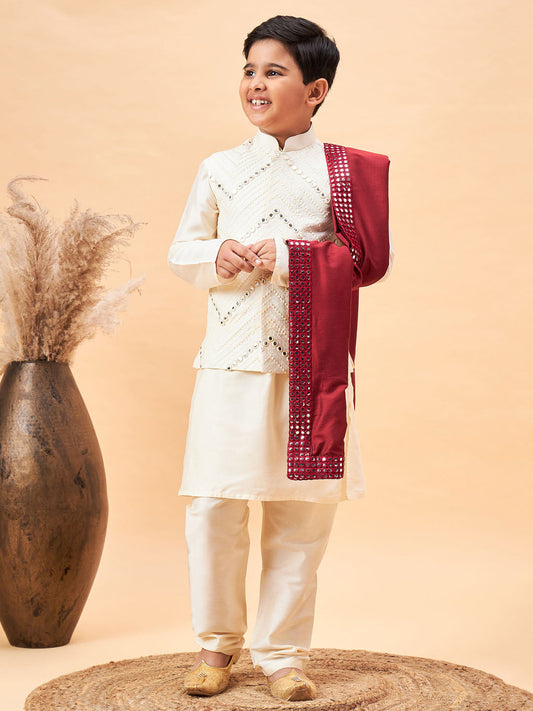 Vastramay boys cream mirror work jacket and solid kurta pyjama set with maroon ethnic dupatta