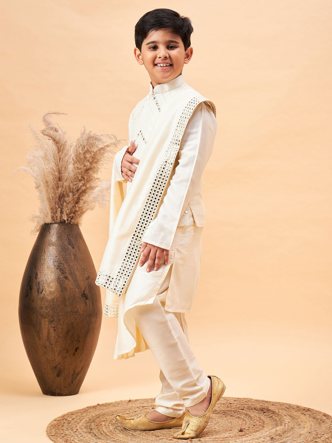 VASTRAMAY Boy's Cream Mirror Work Jacket And Pleated Kurta Pyjama Set With Ethnic Dupatta