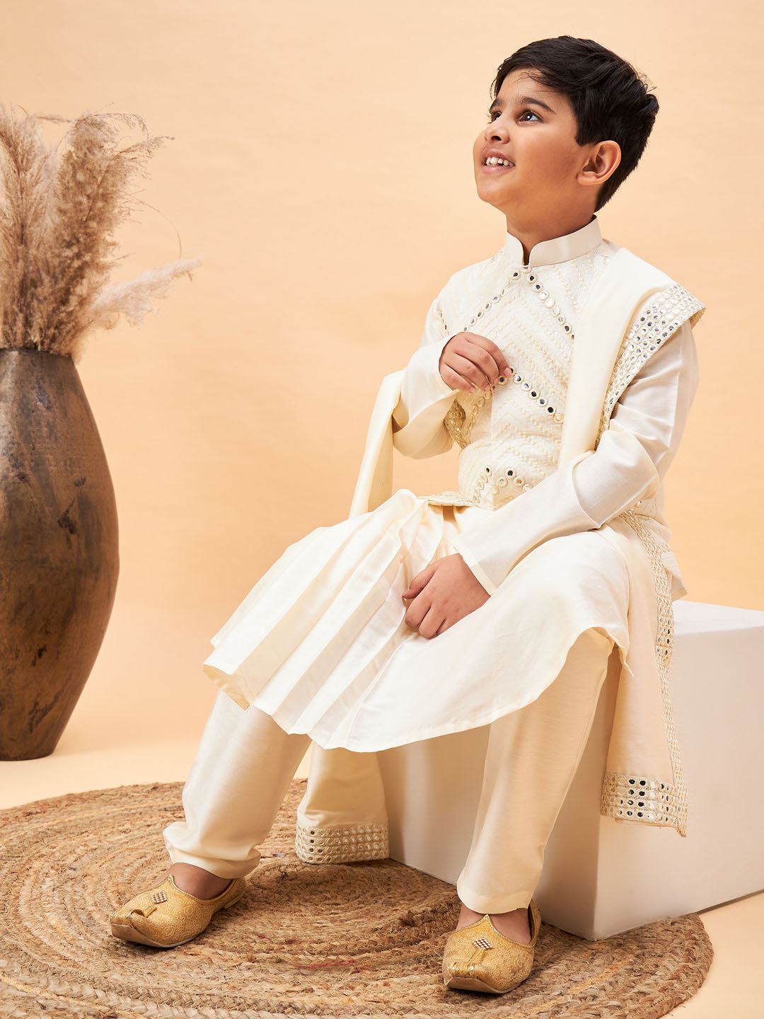 VASTRAMAY Boy's Cream Mirror Work Jacket And Pleated Kurta Pyjama Set With Ethnic Dupatta