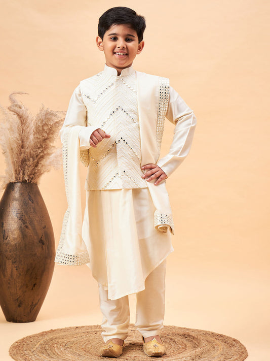 VASTRAMAY Boy's Cream Mirror Work Jacket And Pleated Kurta Pyjama Set With Ethnic Dupatta