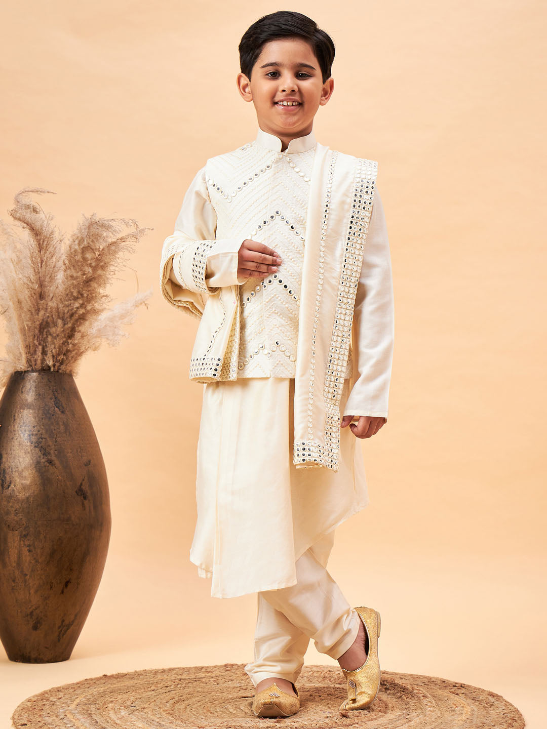 VASTRAMAY Boy's Cream Mirror Work Jacket And Pleated Kurta Pyjama Set With Ethnic Dupatta