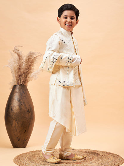 VASTRAMAY Boy's Cream Mirror Work Jacket And Pleated Kurta Pyjama Set With Ethnic Dupatta