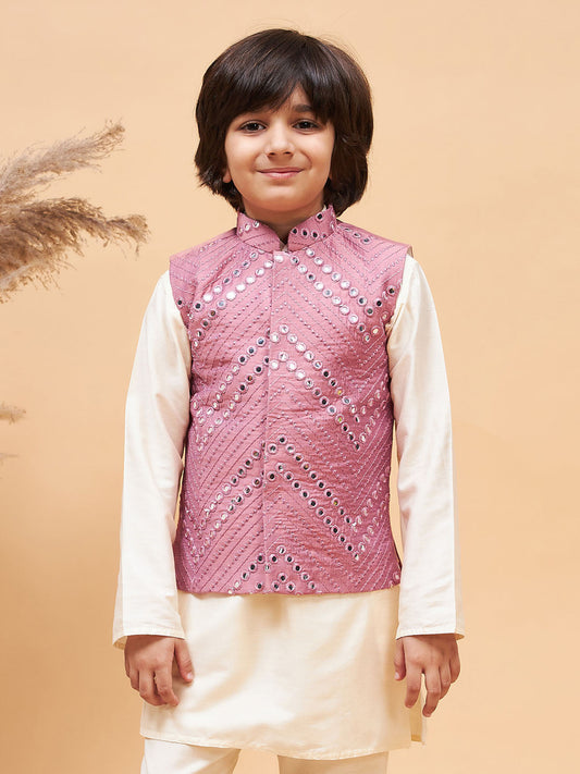 VASTRAMAY Boys' Pink Mirror Work Ethnic Jacket