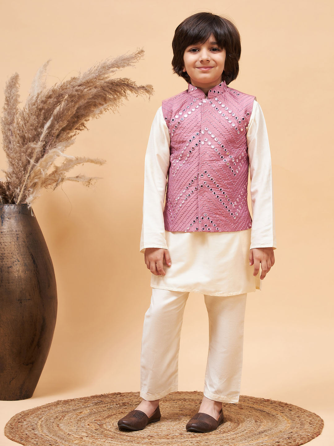 Vastramay boys pink mirror work jacket and solid kurta pyjama set