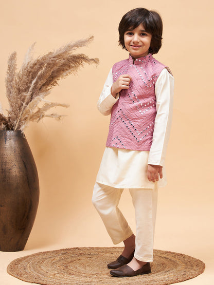 Vastramay boys pink mirror work jacket and solid kurta pyjama set