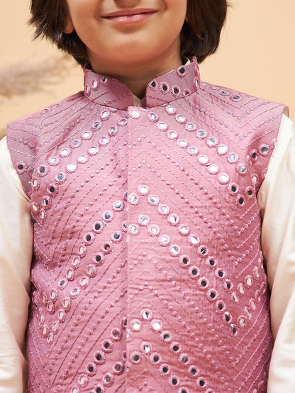 Vastramay boys pink mirror work jacket and solid kurta pyjama set