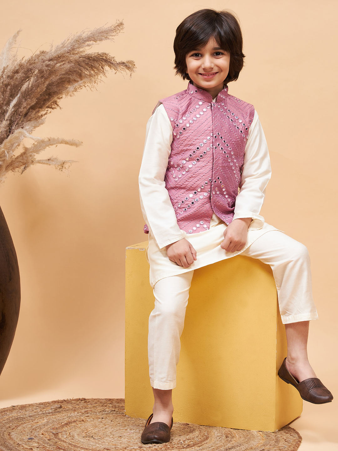 Vastramay boys pink mirror work jacket and solid kurta pyjama set