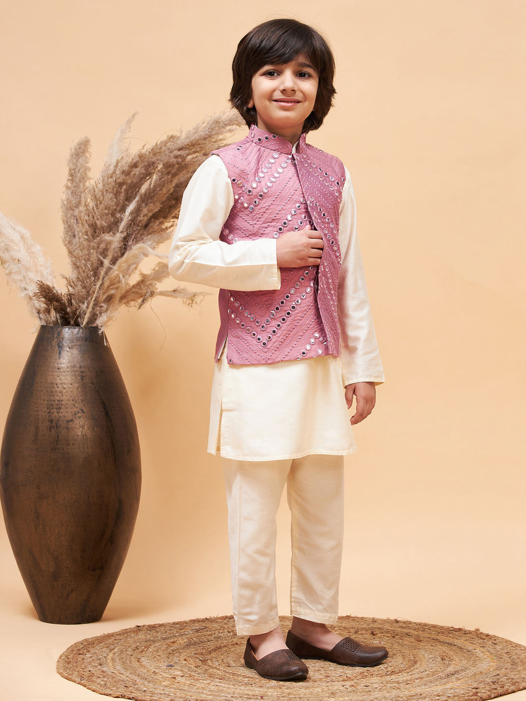 Vastramay boys pink mirror work jacket and solid kurta pyjama set