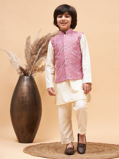 Vastramay boys pink mirror work jacket and solid kurta pyjama set