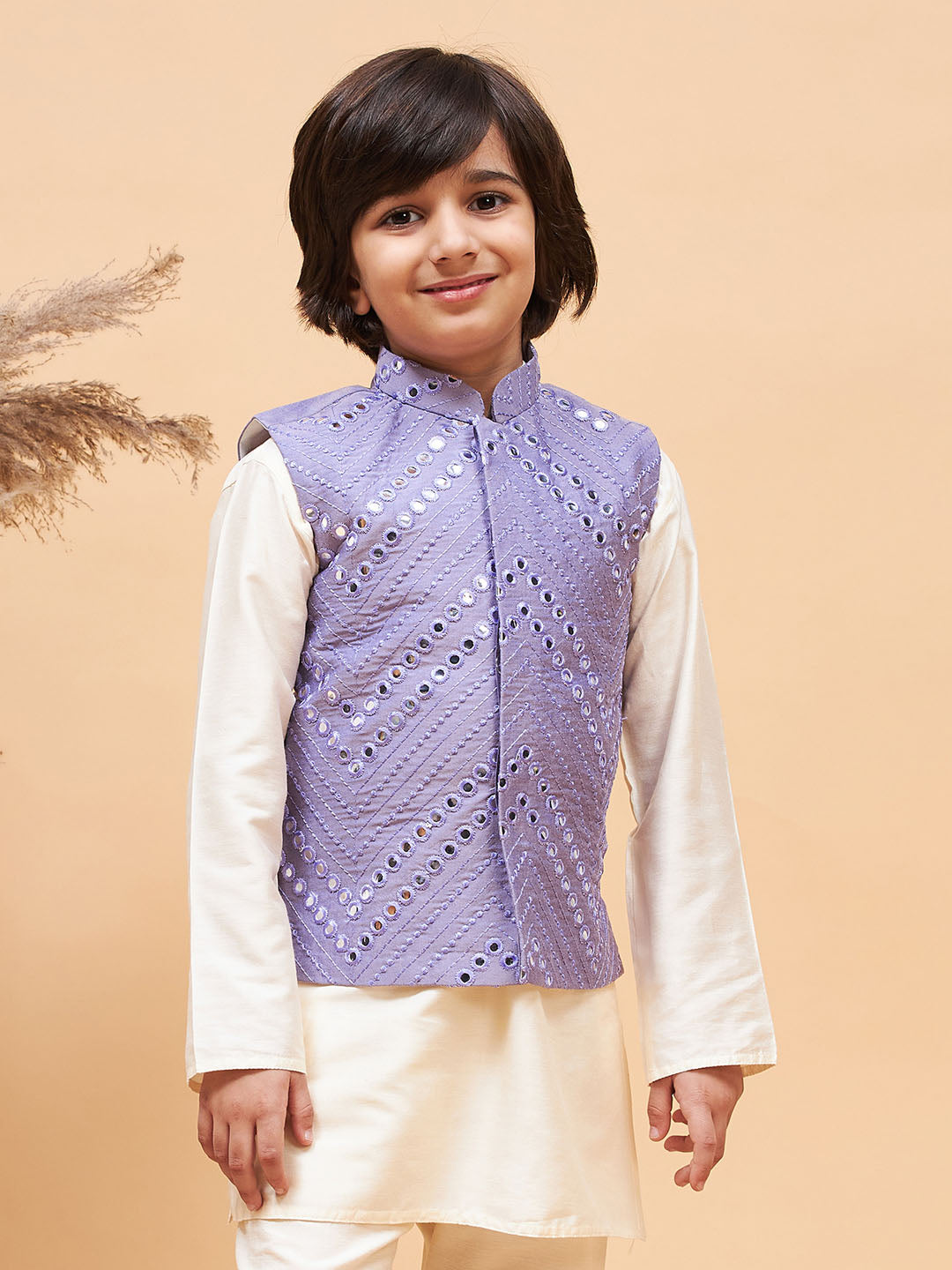 VASTRAMAY Boys' Purple Mirror Work Ethnic Jacket