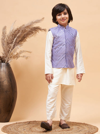 Vastramay boys purple mirror work jacket and solid kurta pyjama set