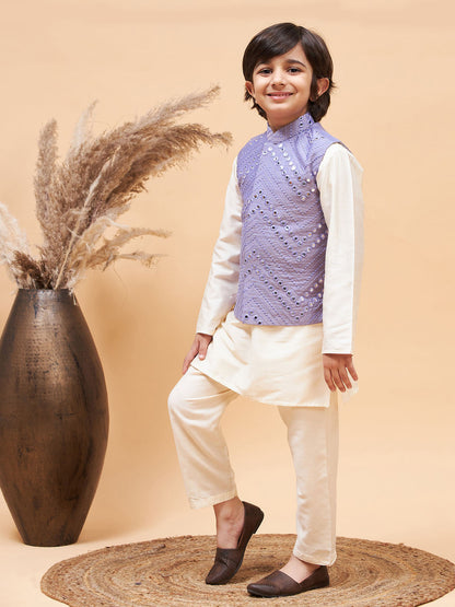 Vastramay boys purple mirror work jacket and solid kurta pyjama set