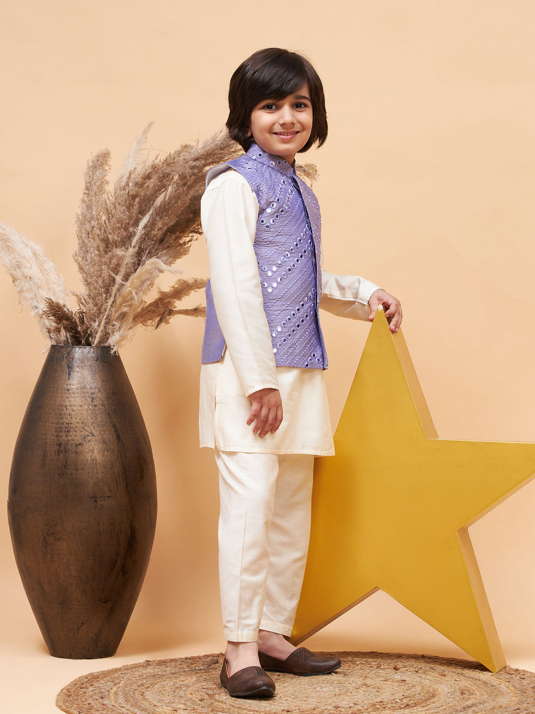 Vastramay boys purple mirror work jacket and solid kurta pyjama set