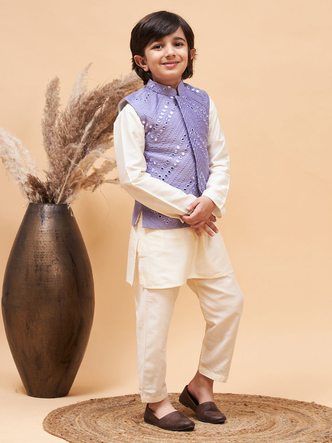 Vastramay boys purple mirror work jacket and solid kurta pyjama set