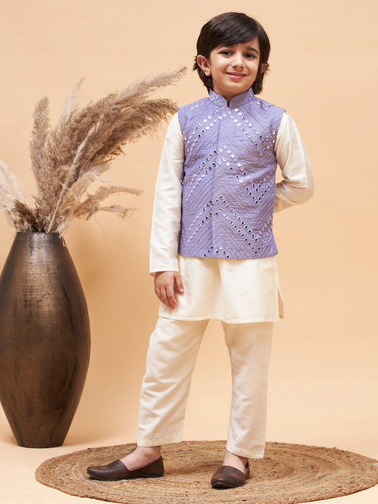 Vastramay boys purple mirror work jacket and solid kurta pyjama set