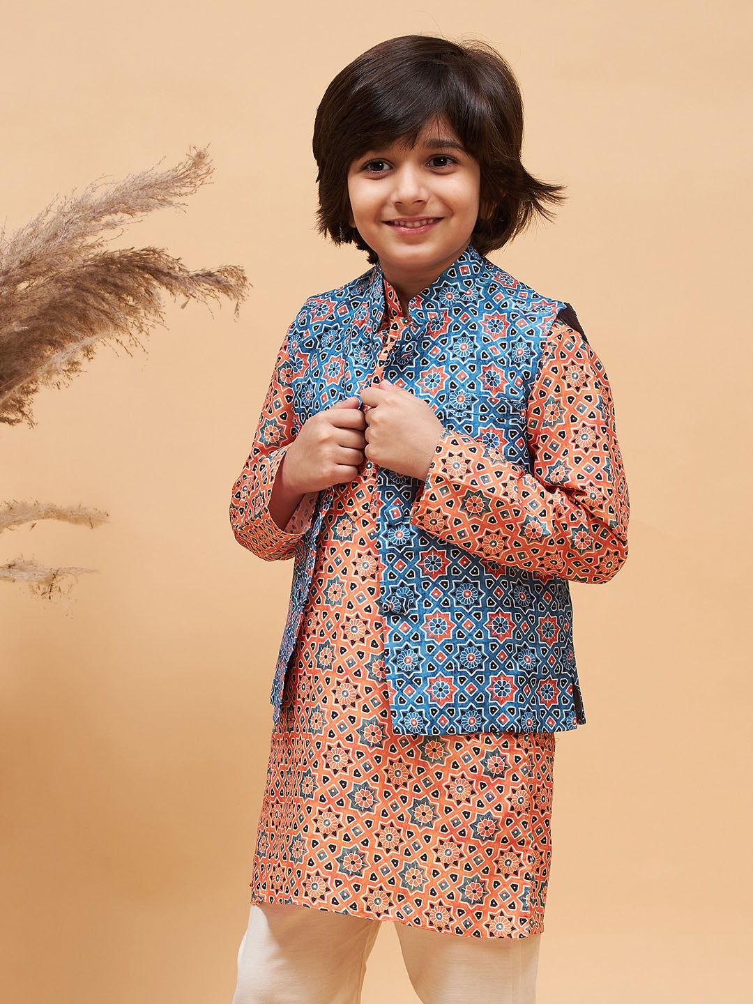 VASTRAMAY Boy's Blue Printed Nehru Jacket