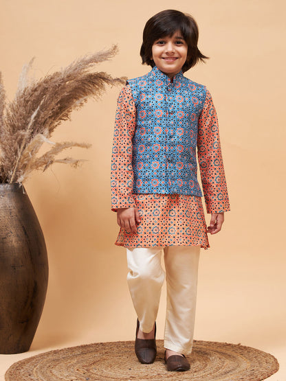 Vastramay boys orange printed kurta and cream pyjama set with blue nehru jacket