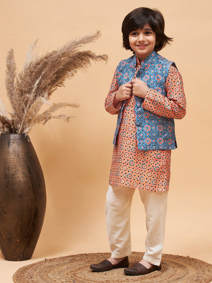 Vastramay boys orange printed kurta and cream pyjama set with blue nehru jacket