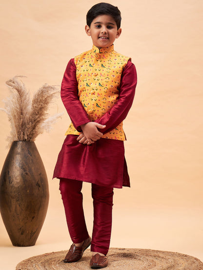 VASTRAMAY Boy's Yellow Ethnic Printed Jacket With Maroon Kurta and Pyjama Set