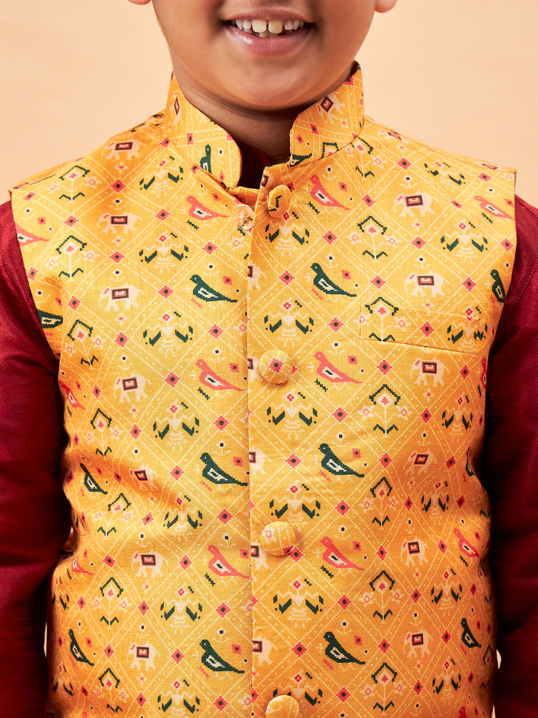 VASTRAMAY Boy's Yellow Ethnic Printed Jacket With Maroon Kurta and Pyjama Set