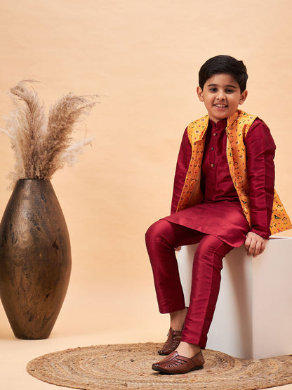 VASTRAMAY Boy's Yellow Ethnic Printed Jacket With Maroon Kurta and Pyjama Set