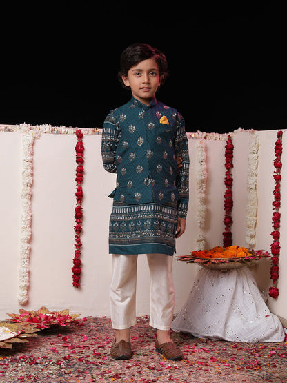 VASTRAMAY Boys' Blue Foli Print On Viscose Jacket And Kurta Pyjama Set