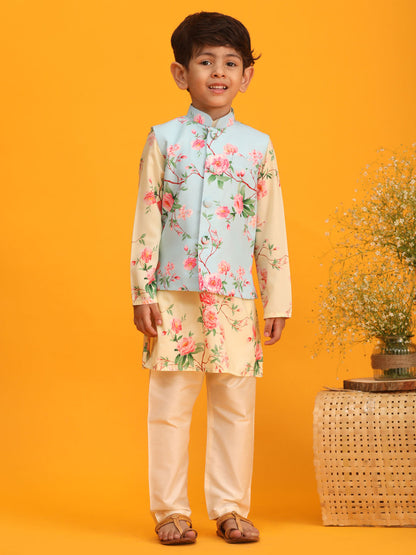 Vastramay boys aqua blue jacket with yellow floral printed kurta with cream solid pyjama set