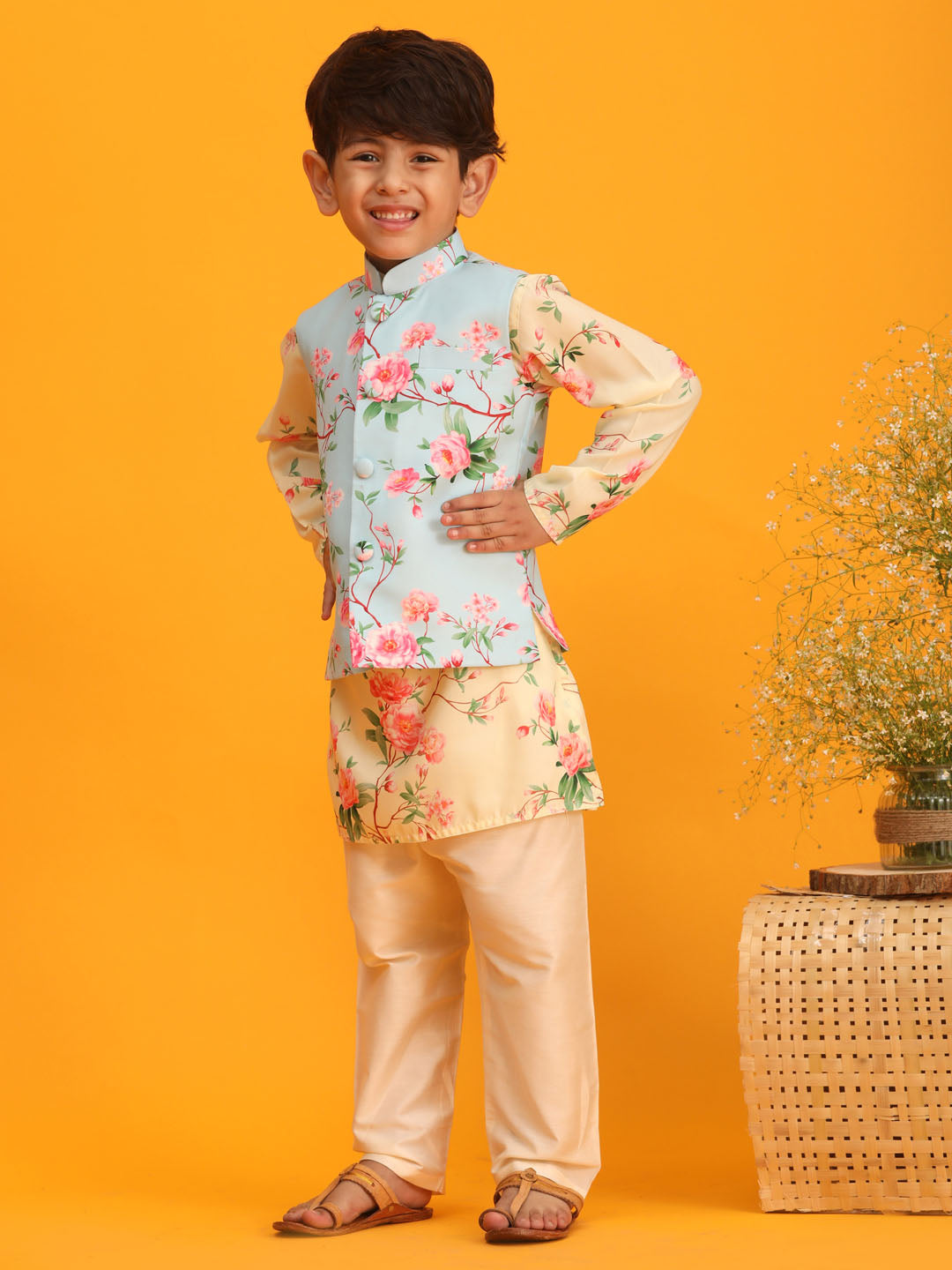 Vastramay boys aqua blue jacket with yellow floral printed kurta with cream solid pyjama set