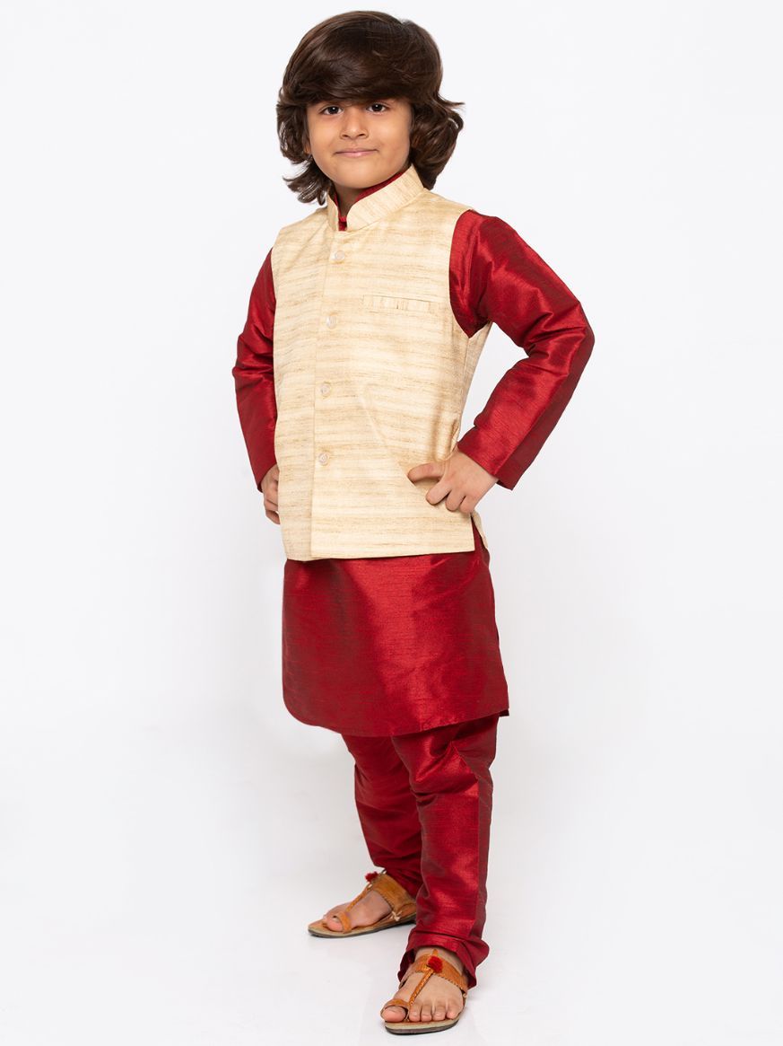 Vastramay  Boys' Maroon Cotton Silk Kurta, Jacket and Pyjama Set