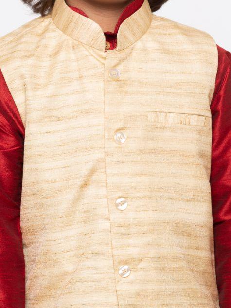 Vastramay  Boys' Maroon Cotton Silk Kurta, Jacket and Pyjama Set