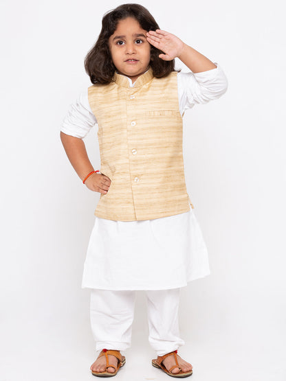 Vastramay Boys' White Cotton Silk Kurta, Jacket and Pyjama Set