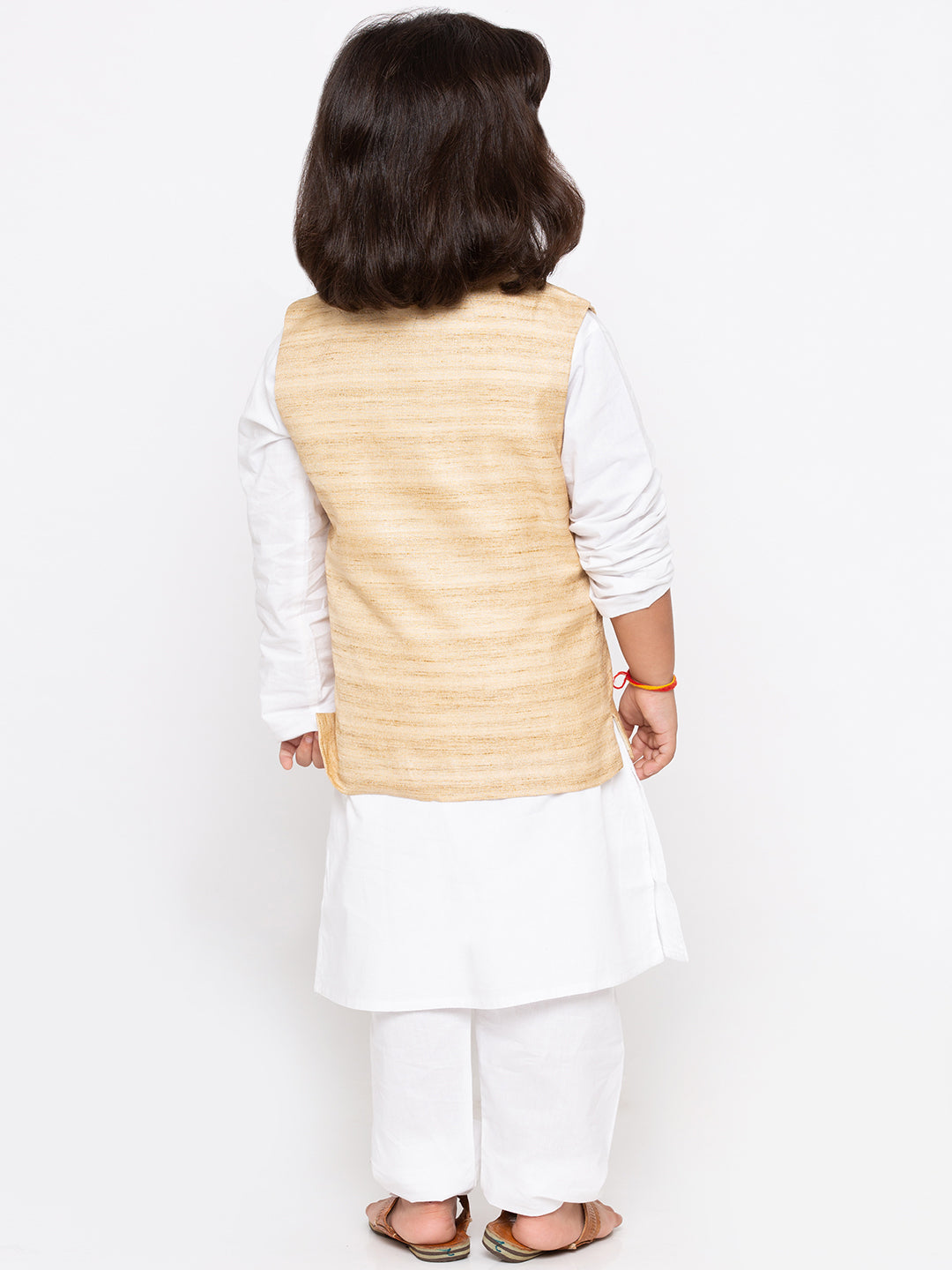 Vastramay Boys' White Cotton Silk Kurta, Jacket and Pyjama Set