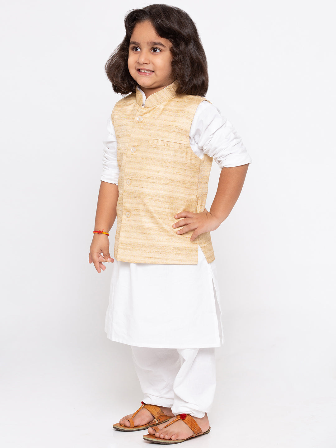 Vastramay Boys' White Cotton Silk Kurta, Jacket and Pyjama Set